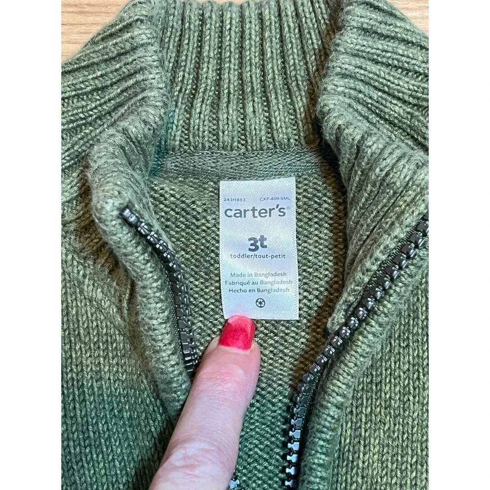 Carter's Quarter Zip Sweater Toddler 3T Olive Green Bear Logo Cotton Winter